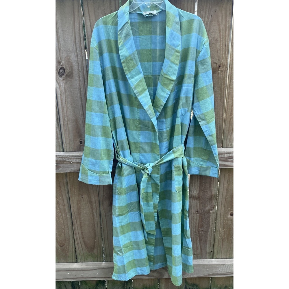 Vintage Men's Rabhor Plaid Robe Blue & Green Perma-Press Pockets W/Belt